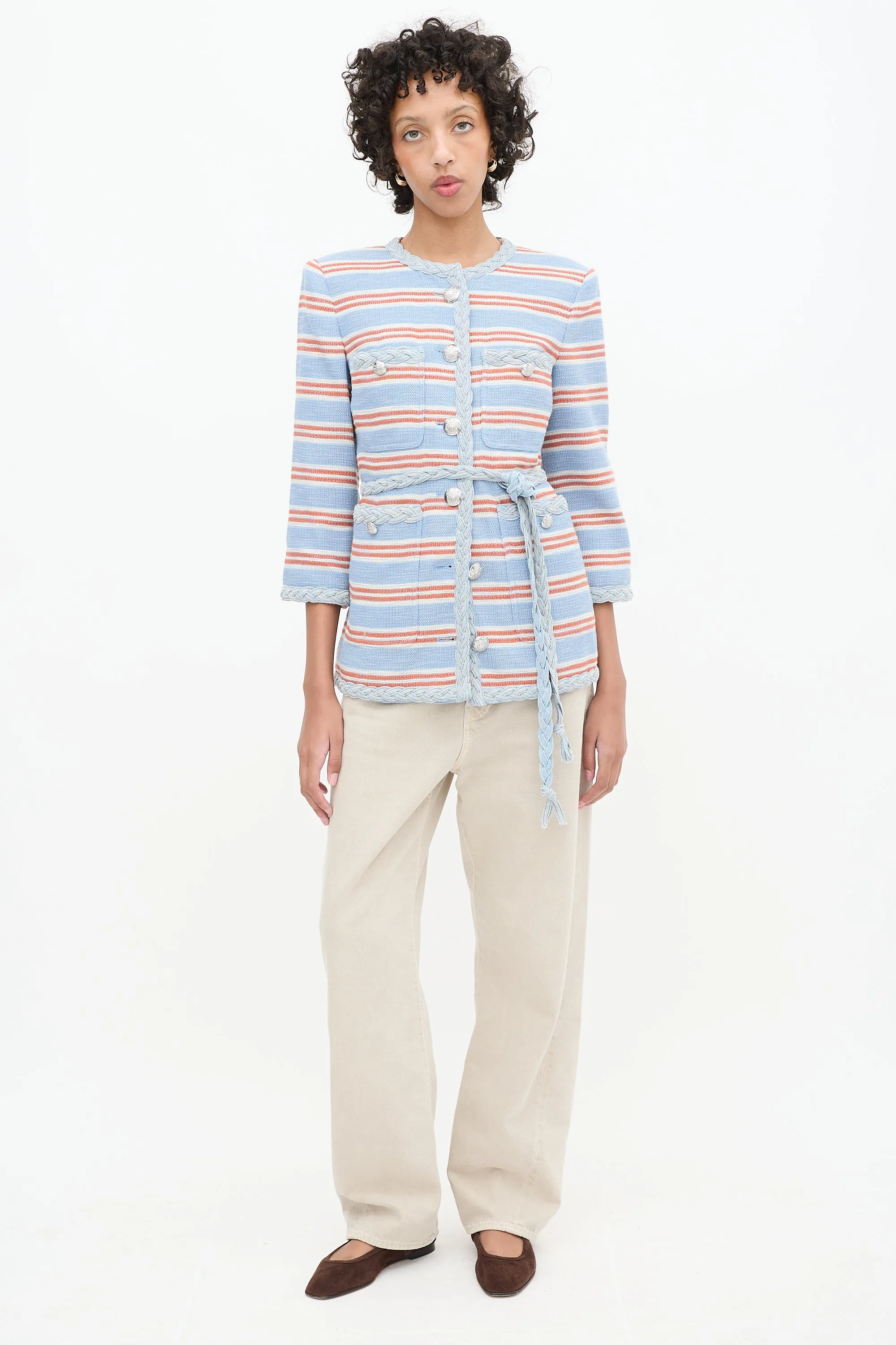 Light Blue & Multi Striped Ginevra Braided Trim Blazer