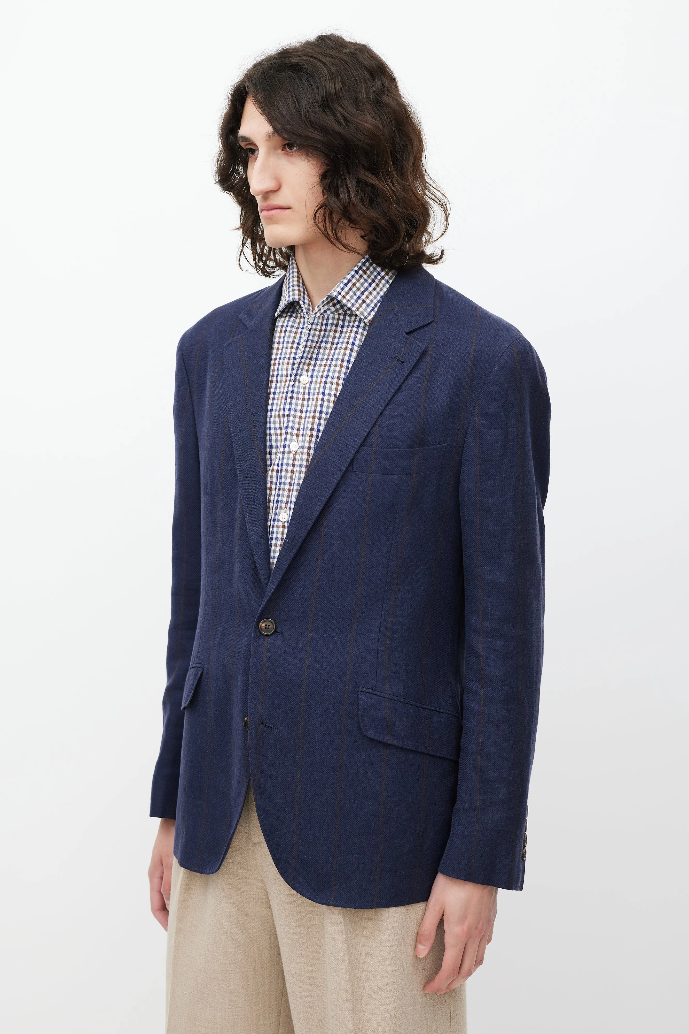 Navy & Brown Striped Linen & Wool Blazer
