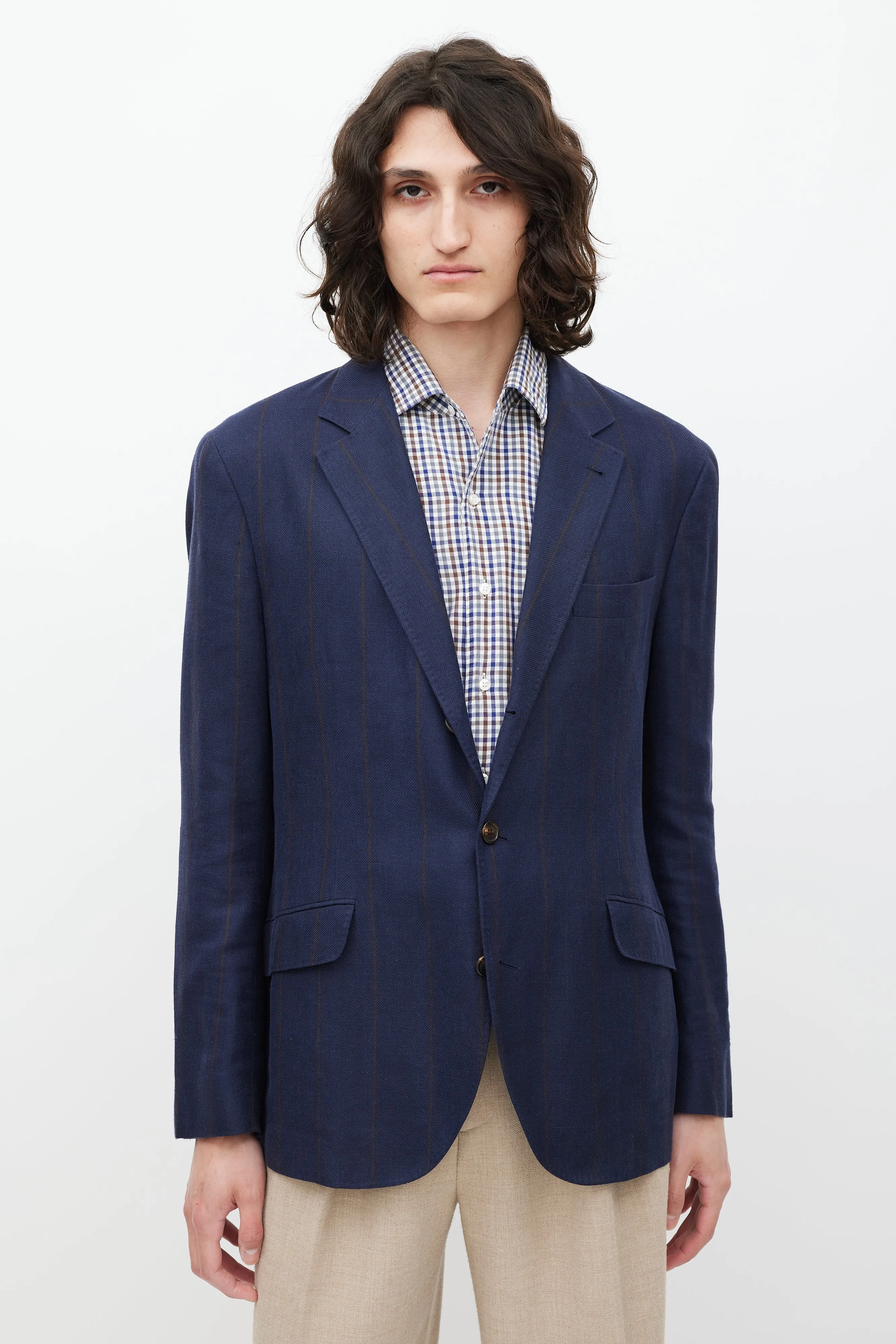 Navy & Brown Striped Linen & Wool Blazer