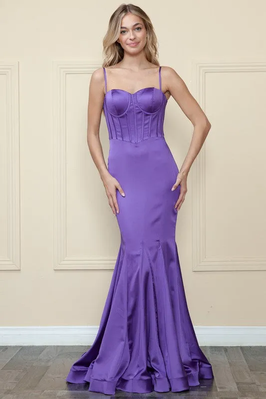 Purple Charmeuse Corset Top Spaghetti Strap Long Dress