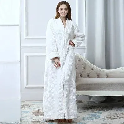 Women Winter Extra Long Thick Warm Bath Robe Plus Size Zipper Luxury Flannel Peignoir Pregnant Bathrobe Men Coral Fleece Robes